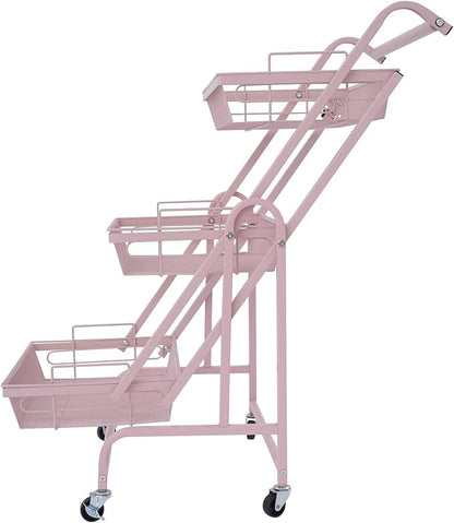 3 Tier Adjustable Storage Carts, Movable Utility Cart, Metal Rolling Cart, Multi-Functional Storage Trolley w/Wheels, Storage Shelves for Kitchen/Bathroom/Bedroom/Office (Pink)