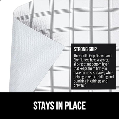 GORILLA GRIP DripGuard Shelf Liner, Non Adhesive Drawer and Kitchen Cabinet Protector, Slip Resistant BPA Free Smooth Surface Plastic Liners for Cabinets, Bathrooms, Closets, 12x240 Inch, White Stripe
