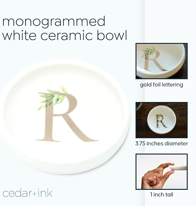 Cedar and Ink Ring Dish with Personalized R in Gold Foil & Greenery, Monogrammed Jewelry Dish, Accessories & Wedding Ring Holder, Dressing Table Tray (R)