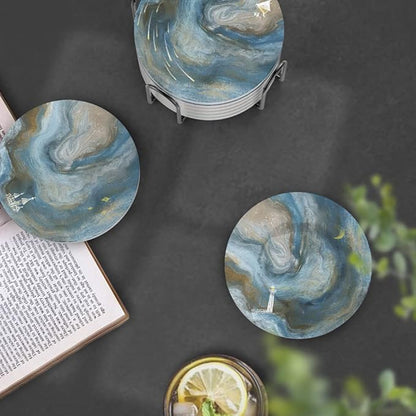 UMIRRO Coasters for Drinks Absorbent with Holder | Cool Table Mats in Ocean Blue for Cups, Glasses, Desk, Office and Home | Cute Ceramic Stoneware Coaster Set