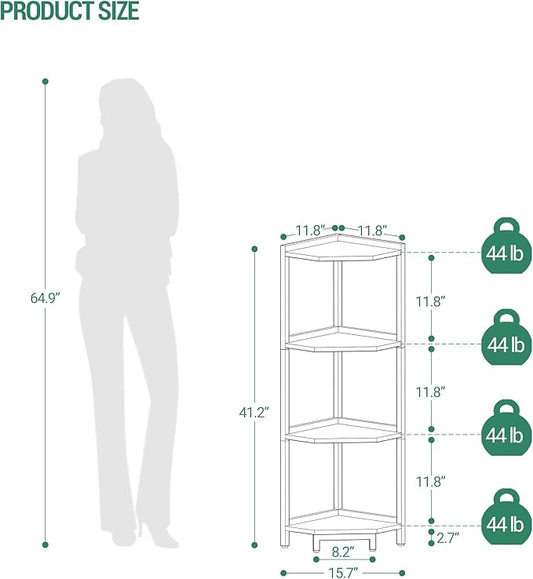Corner Shelf Stand, Corner Bookshelf, Storage Standing Shelf Unit with Metal Frame, Plant Stand, Corner Bookcase for Living Room, Home Office, Bedroom, 4-Tier Greige CS05805B
