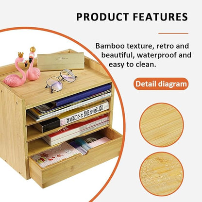 KKTONER 5-Tier Bamboo Desk Organizer with Drawer Tabletop File Organizer Document Holder with Shelf Desktop Cabinet for Home Office School Supplies (Natural)