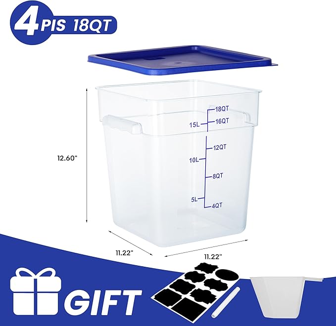 BIEAMA 4 Pack Food Storage Containers, 18 Quart Square Commercial Food Containers with Lids, NSF, Polycarbonate, Clear