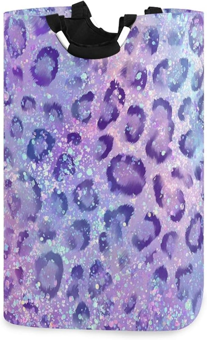 Laundry Hamper Basket Glitter Leopard Purple Storage Basket Collapsible Clothes Hamper with Handle Decorative Blanket Basket for Laundry Room Decor Bedroom Dorm