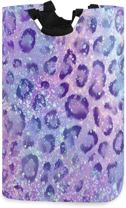 Laundry Hamper Basket Glitter Leopard Purple Storage Basket Collapsible Clothes Hamper with Handle Decorative Blanket Basket for Laundry Room Decor Bedroom Dorm