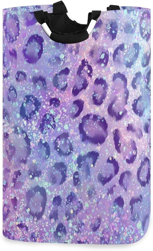 Laundry Hamper Basket Glitter Leopard Purple Storage Basket Collapsible Clothes Hamper with Handle Decorative Blanket Basket for Laundry Room Decor Bedroom Dorm