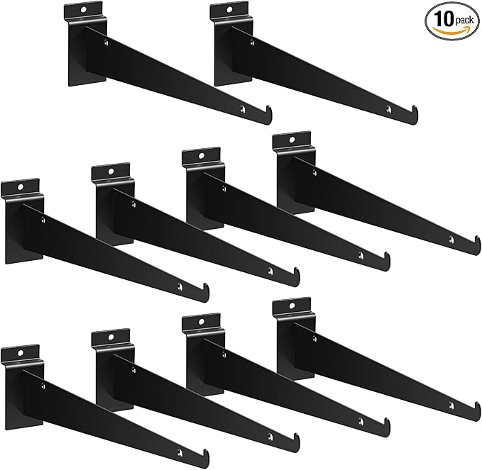 Oudain 12" Slatwall Shelf Bracket with Lip Heavy Duty Slat Wall Brackets Bulk Floating Metal Slatwall Accessories for Shelving Display Garage Kitchen Mounting Supplies(Black,10 Pcs)