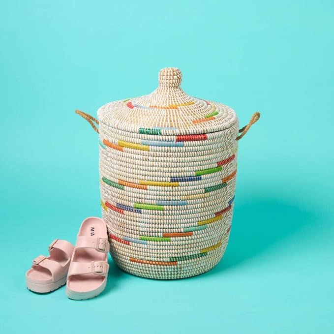 Small Colorful White Basket for Decor, Organizing, Storage - Living Room Blankets, Nursery Toys, Laundry, Towels, Pillows, Comforter, Cushions - Wicker, Woven, Round, Lid, Handles