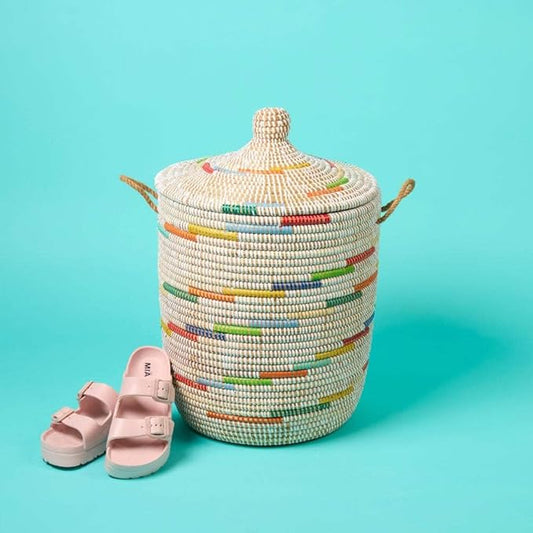 Small Colorful White Basket for Decor, Organizing, Storage - Living Room Blankets, Nursery Toys, Laundry, Towels, Pillows, Comforter, Cushions - Wicker, Woven, Round, Lid, Handles