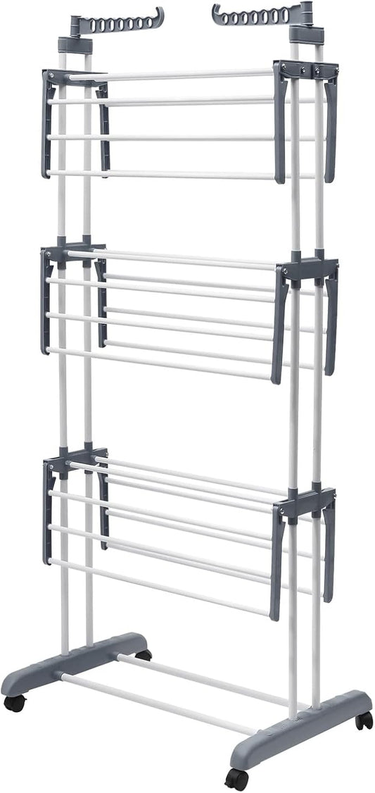 Clothes Drying Rack, 4-Tier Foldable Stainless Steel Drying Rack, Movable Drying Rack with 4 castors, for Balcony, Patio, Indoor Outdoor Use