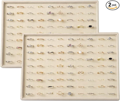 KATISYIO Large Velvet Jewelry Tray 2 Pack Stackable Jewelry Display Drawer Inserts Trays Organizer for Earring Bracelet Necklace Ring (Beige, Ring 81 Slots)
