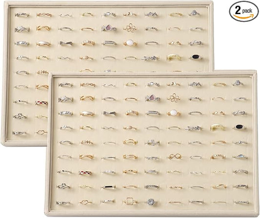 KATISYIO Large Velvet Jewelry Tray 2 Pack Stackable Jewelry Display Drawer Inserts Trays Organizer for Earring Bracelet Necklace Ring (Beige, Ring 81 Slots)