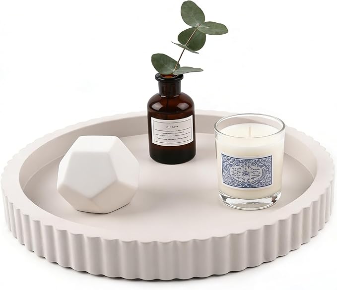 Modern Decorative Tray for Coffee Table, 11" Wooden Gray Beige Round Small Decor Tray for Candle, Perfume, Vanity, Kitchen Island Counter & Table Centerpiece