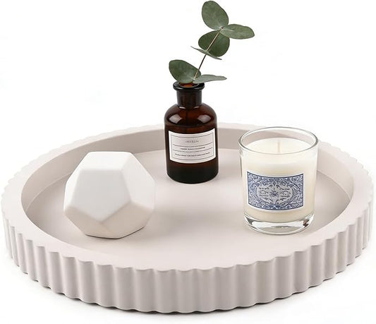 Modern Decorative Tray for Coffee Table, 11" Wooden Gray Beige Round Small Decor Tray for Candle, Perfume, Vanity, Kitchen Island Counter & Table Centerpiece