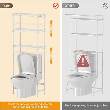 Golpart Over The Toilet Shelf,3-Tier Adjustable Freestanding Metal Bathroom Organizer Shelves with Toilet Paper Holder & Hooks,Space-Saving for Narrow Small Bathroom,10”D x 24”W x 66”H,White