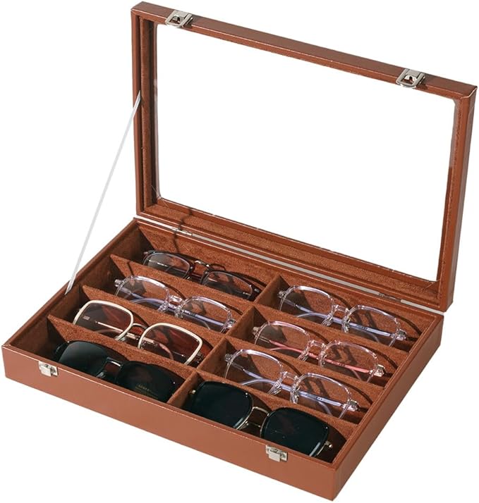 XHMQYC Glasses Holder Box Drawer Sunglass Organizer for Men Clear Wide Storage Case 8 Slots Multiple Reading Glasses Display, Brown Leather With Clear Glass Lid