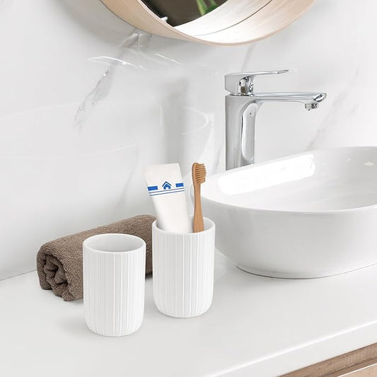 UHEY HOME Bathroom Tumbler Cup Ceramic 2Pcs 12.6oz Reusable Toothbrush Cup 375ml,Toothbrush Holder for Your Bathroom (White)