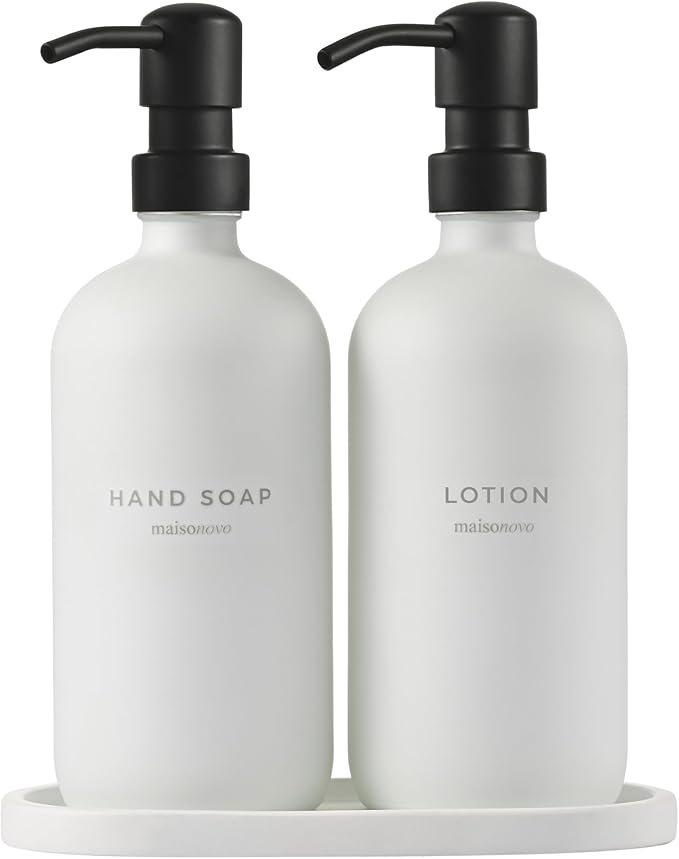 MaisoNovo Soap Dispenser 3-Piece Set | 16.9oz White Bottles with Black Stainless Steel Pump Core