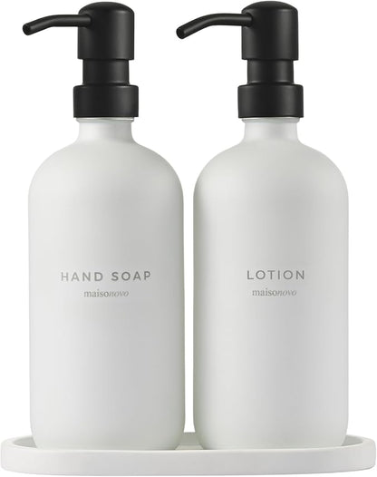MaisoNovo Soap Dispenser 3-Piece Set | 16.9oz White Bottles with Black Stainless Steel Pump Core