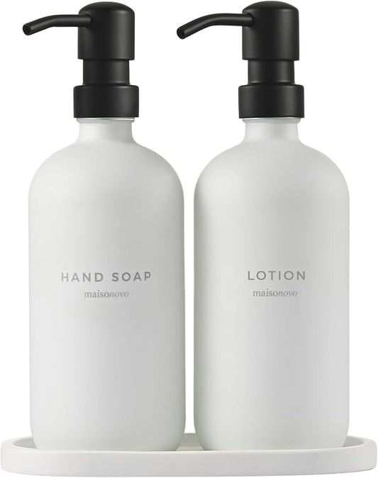 MaisoNovo Soap Dispenser 3-Piece Set | 16.9oz White Bottles with Black Stainless Steel Pump Core