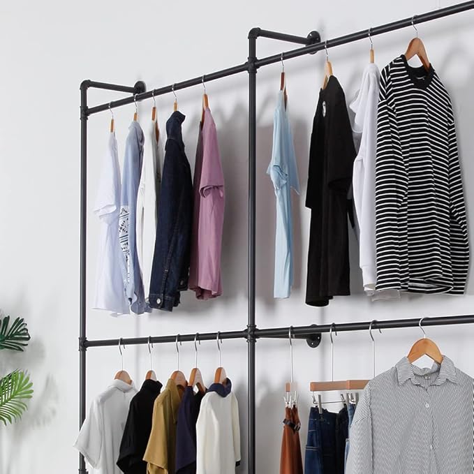 Industrial Pipe Clothing Rack Heavy Duty Double Closet Rod Clothes Rack, Clothing Rods for Hanging Clothes, Wall Mounted Clothes Garment Rack Closet System 90in Black