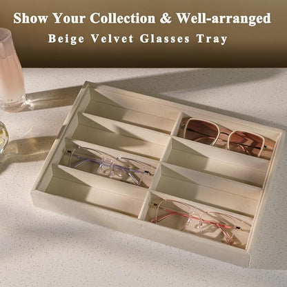 XHMQYC Glasses Holder Box Drawer Sunglass Organizer for Men Clear Wide Storage Case 8 Slots Multiple Reading Glasses Display, Beige Velvet