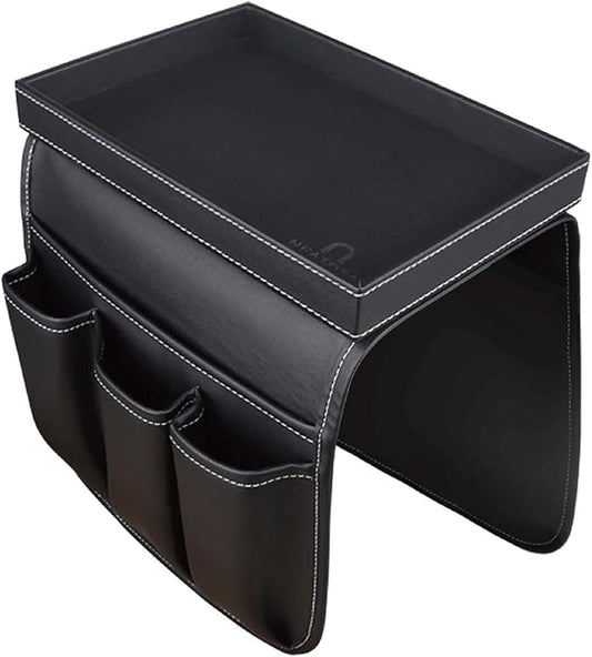 U NEATOPA Couch Remote Caddy Control Holder Sofa Organizer with Detachable Wooden Snack Tray for Recliner Mattresses Chair Armrests with 4 Slots - 1 Large Pockets and 3 Small Pockets (Black)
