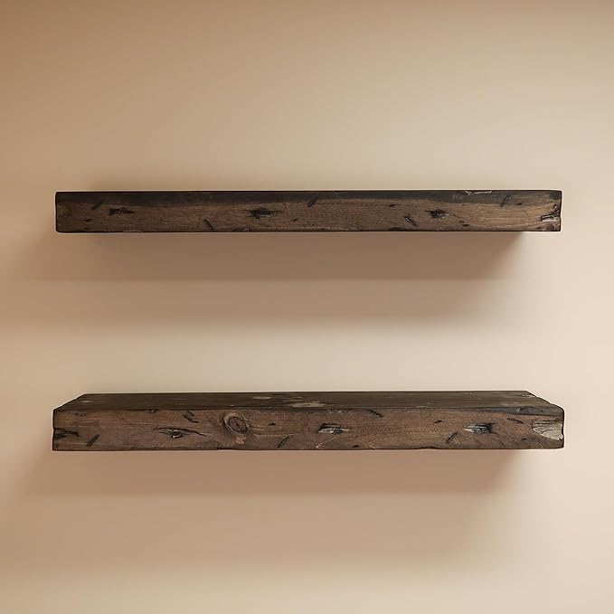 Urbandi Rustic Distressed Floating Shelves, Set of 2, Handmade Out of Pine Wood, 3 Inch Thick, Made in USA (Jacobean, 24Lx3Hx6D)