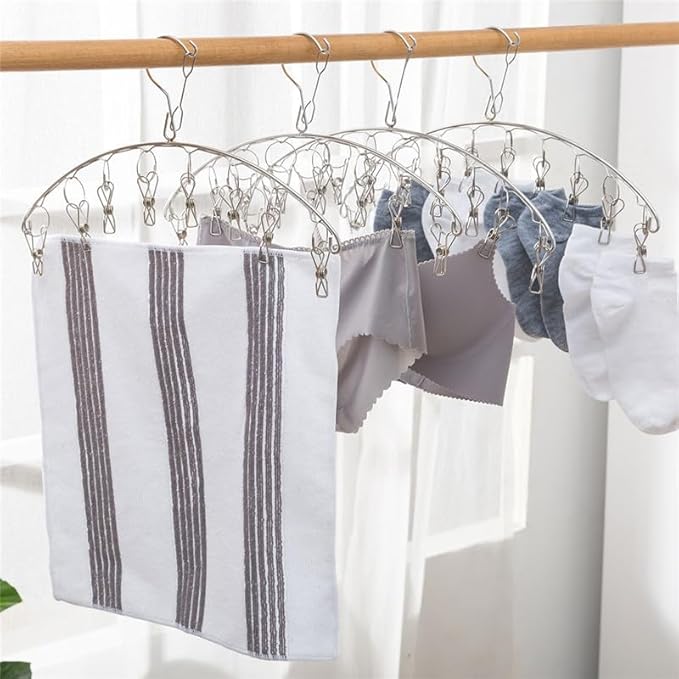 2Pcs Clothes Drying Hanger with 16 Clips, Stainless Steel Sock Air Drying Rack, Windproof Anti-Lost for All Small Laudry Item and Herbs