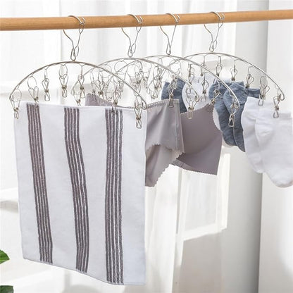 2Pcs Clothes Drying Hanger with 16 Clips, Stainless Steel Sock Air Drying Rack, Windproof Anti-Lost for All Small Laudry Item and Herbs
