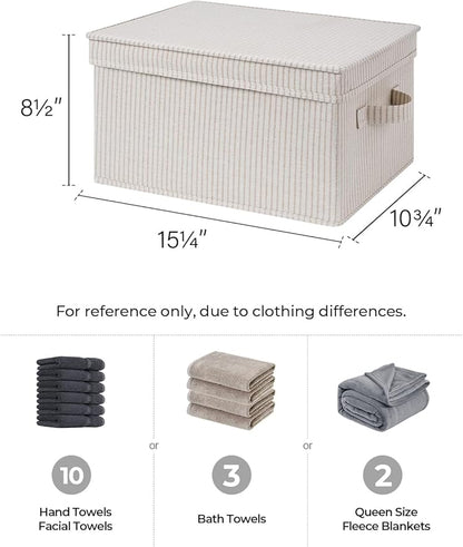 StorageWorks Large Storage Bins with Lids, Decorative Storage Boxes with Lid and Handles, Foldable Storage Baskets for Closet, Shelves, Stackable, Khaki Stripe, 3-Pack