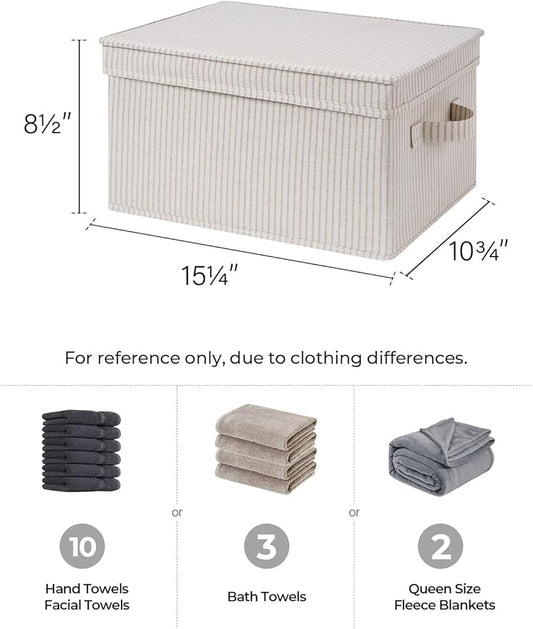 StorageWorks Large Storage Bins with Lids, Decorative Storage Boxes with Lid and Handles, Foldable Storage Baskets for Closet, Shelves, Stackable, Khaki Stripe, 3-Pack