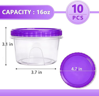 Slomg 10 Pack 16 oz Freezer Storage Containers with Purple Twist Top Lids, Small Plastic Food Storage Soup Meal Prep Containers, Leakproof Overnight Quart Containers for Lunch Leftover Fruit Salad Oat