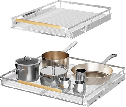 SANNO Pull Out Cabinet Organizer with Expandable Sliding Shelves for Cupboard Pantry, Steel Metal Sliding Shelf, Chrome Finish