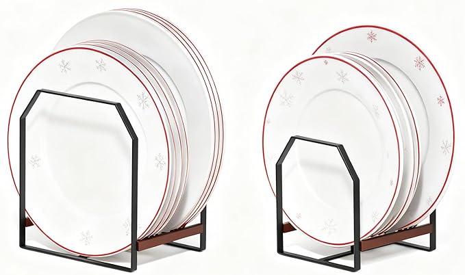 TIPSYTREE 2 Pack Kitchen Plate Organizer with Large & Small Holders, Metal Dish Racks for Compact Homes and Cabinets, Black (1 Large + 1 Small)
