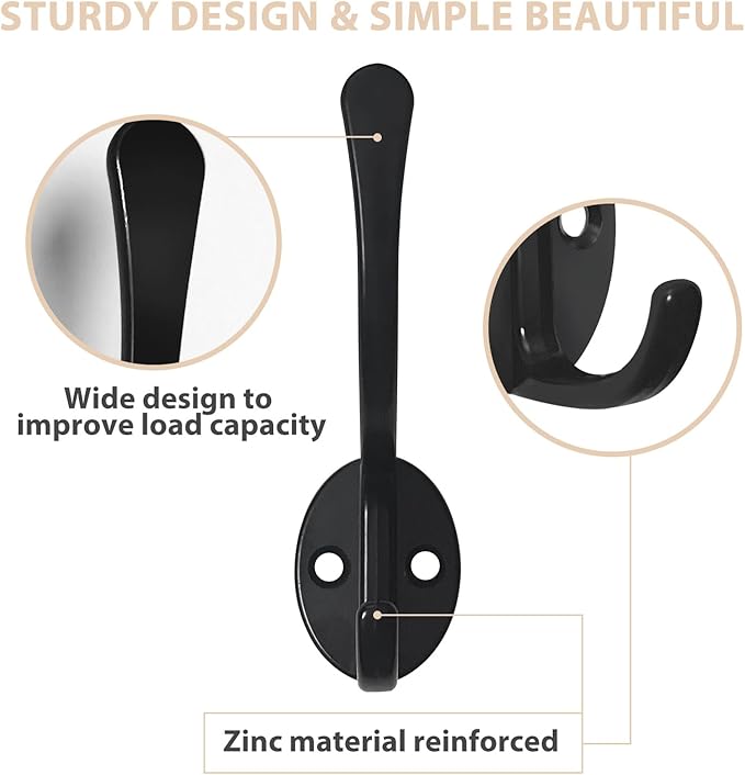 10 Pack Coat Hooks Wall Mounted with 20 Screws, Heavy Duty Black Towel Hooks Metal Double Hooks, No Rust Retro Rustic Wall Hooks for Hanging Towel, Coat, Scarf, Bag, Hat, Cup, Key