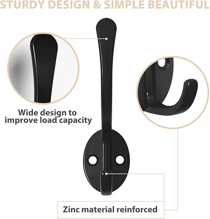 10 Pack Coat Hooks Wall Mounted with 20 Screws, Heavy Duty Black Towel Hooks Metal Double Hooks, No Rust Retro Rustic Wall Hooks for Hanging Towel, Coat, Scarf, Bag, Hat, Cup, Key