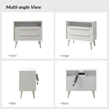HULALA HOME End Table with Charging Station, Mid-Century Modern 2 Drawer and Open Shelf, Fluted End Table（White, Set of 2）