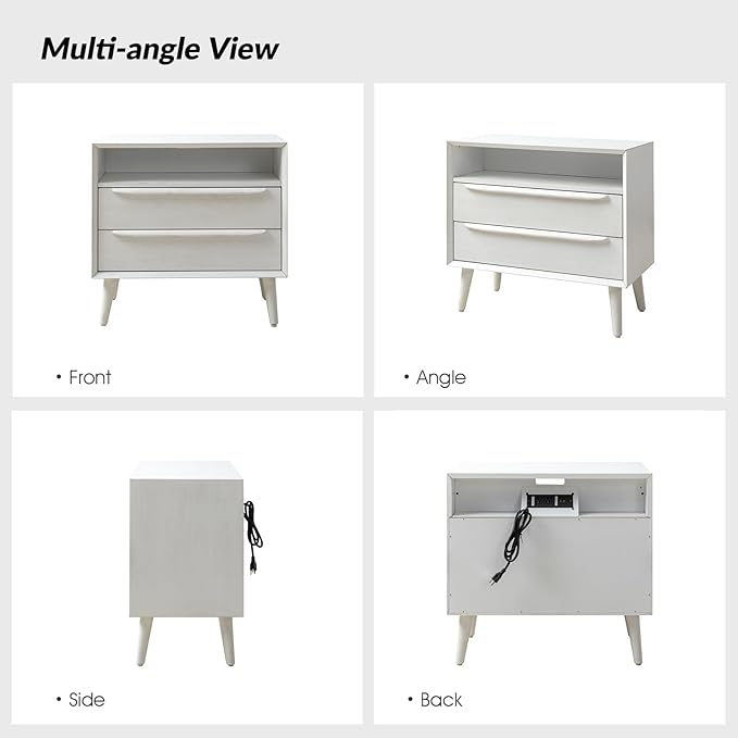 HULALA HOME End Table with Charging Station, Mid-Century Modern 2 Drawer and Open Shelf, Fluted End Table（White）