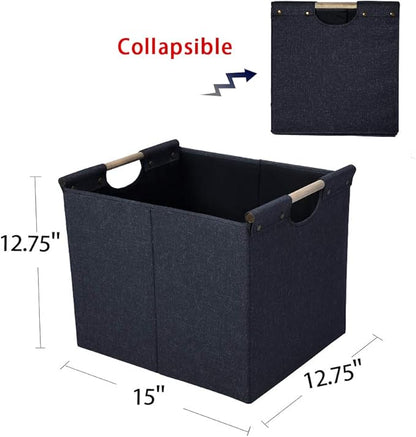 HOONEX Large Collapsible Storage Bins, Linen Fabric, 2 Pack, Storage Baskets with Wooden Carry Handles and Sturdy Heavy Cardboard, for Home, Office, Car, Nursery, Dark Grey