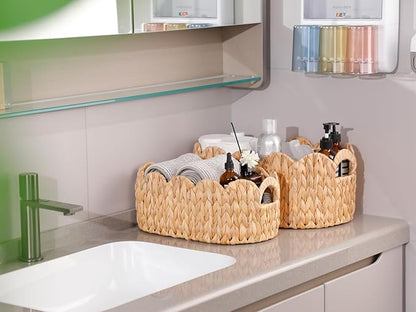 Scalloped Basket,Water Hyacinth Basket for Organizing and Decor,Hand-Woven Rattan Baskets with Built-In Handles for Living Room,Bedroom,Laundry,2 Pack