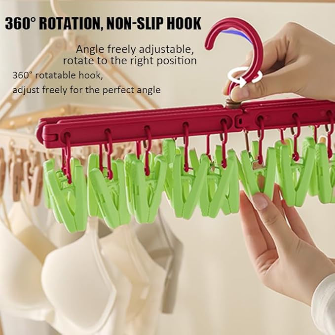 Multipurpose Clothes Drying Rack with 20 Clips – Foldable Sock Hanger with Rotating Hook – Space Saving Underwear & Bra Drying Rack – Portable Travel Laundry Hanger for Balcony Bathroom