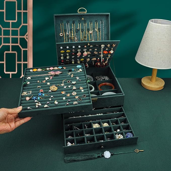 Jewelry Organizer 5 Layers Velvet Square Jewelry Box Women Necklace Ear studs Display Bangles Large Jewelry Storage Case Drawer GY306 (blackish green)