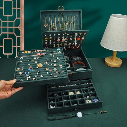 Jewelry Organizer 5 Layers Velvet Square Jewelry Box Women Necklace Ear studs Display Bangles Large Jewelry Storage Case Drawer GY306 (blackish green)