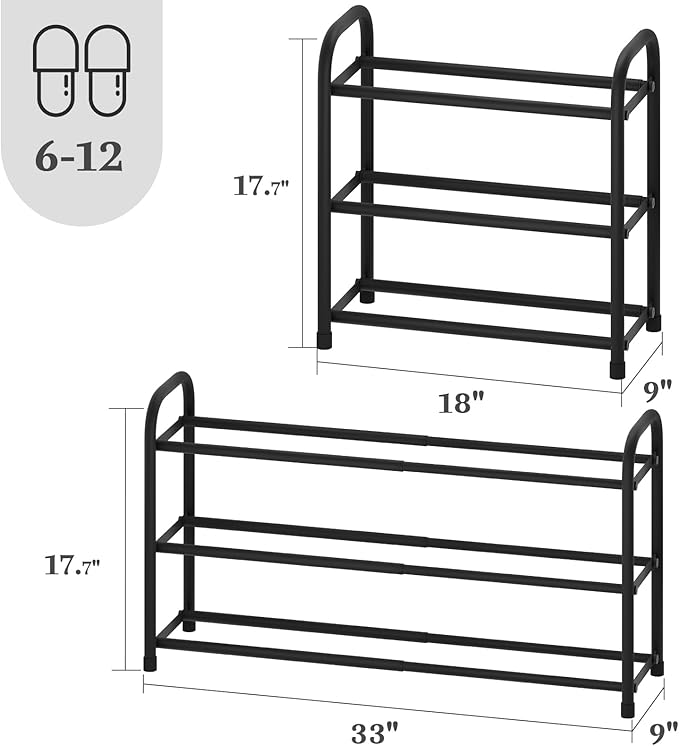 Expandable Shoe Rack, 3-Tier Metal Small Shoe Rack, Adjustable Shoes Organizer, Storage Shelf for Closet, Entryway, Black