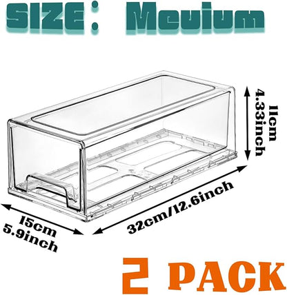 2 Pack Clear Stackable Refrigerator Organizers and Storage Drawers - Pull-Out Fridge Bins with Anti-Slip Base & Easy Clean, Plastic Organizers for Kitchen Pantry Cabinet Closet (Medium)
