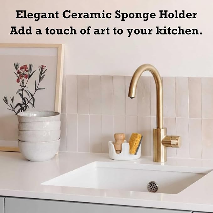 BekPooQ Ceramic Sponge Holder, 2-Slot Dish Sponge Holder for Kitchen Sink, Keeps Sponges Dry & Countertop Clean, Rust-Free & Dishwasher Safe, Stylis Design, Modern White