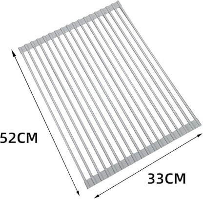 Pezixueran Roll Up Dish Drying Rack Over The Sink.Foldable Kitchen Drainer,Fully Silicone Cover Stainless Steel Bar,Heat-Resistant, Anti-Slip Sink Rack for Kitchen Counter Multipurpose.