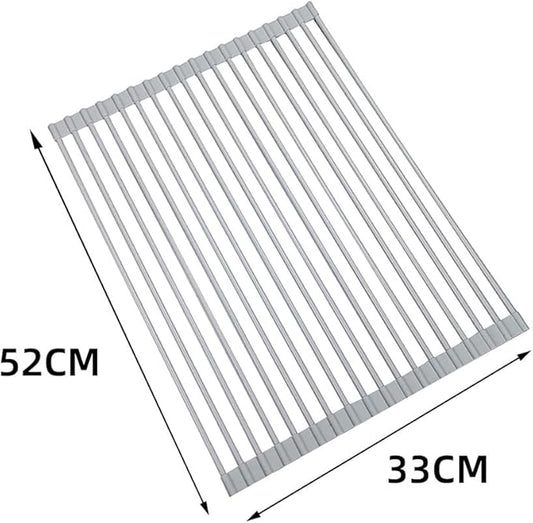 Pezixueran Roll Up Dish Drying Rack Over The Sink.Foldable Kitchen Drainer,Fully Silicone Cover Stainless Steel Bar,Heat-Resistant, Anti-Slip Sink Rack for Kitchen Counter Multipurpose.