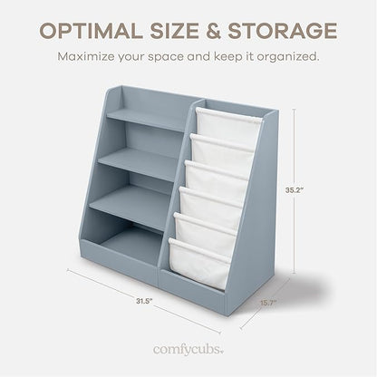 Comfy Cubs Kids Bookshelf 35.2 x 15.7 x 31.5 Inches - Sturdy MDF Montessori Book Shelf with Soft & Hard Shelves for Toys & Books - Child-Friendly, Easy Access Storage Organizer for Kids - Blue